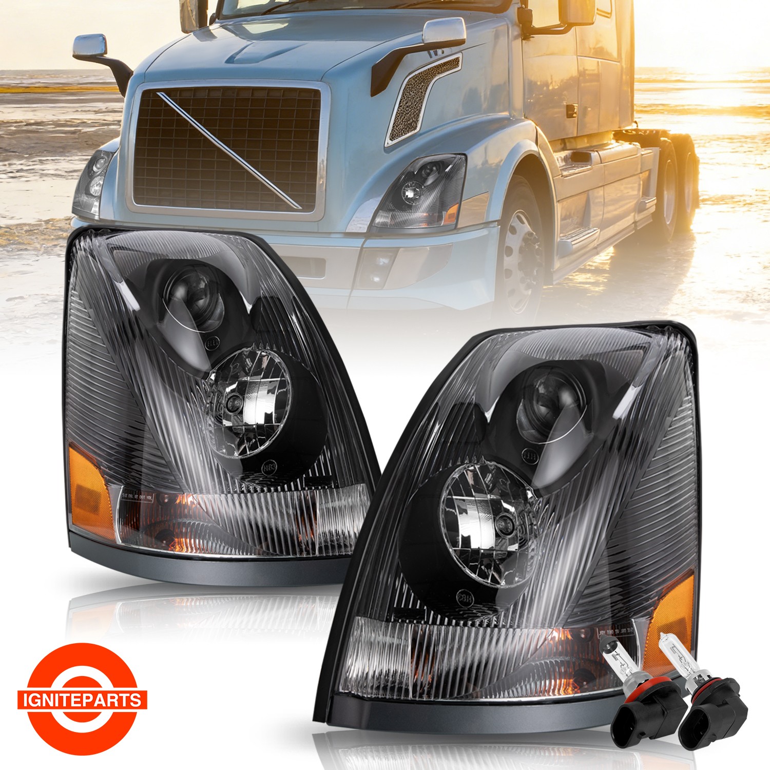 For 2004-2017 Volvo Semi Truck VN VNL Black Headlights Assembly Pair W/Bulbs