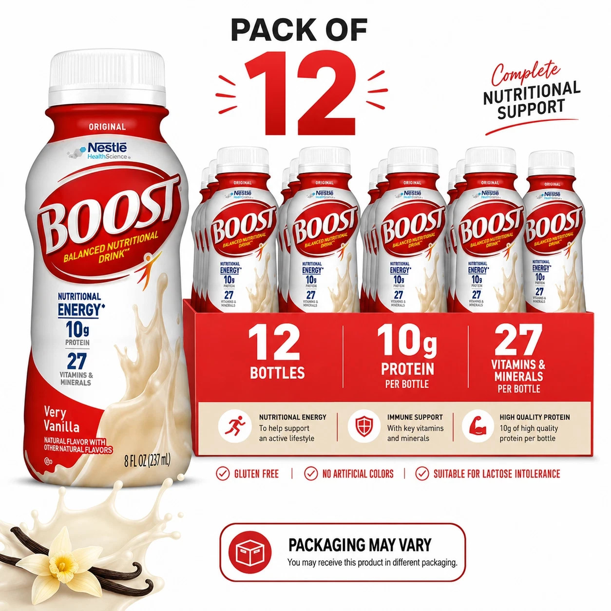 BOOST Original Nutritional Drink Protein Shakes Very Vanilla 8 fl oz 12 Pack