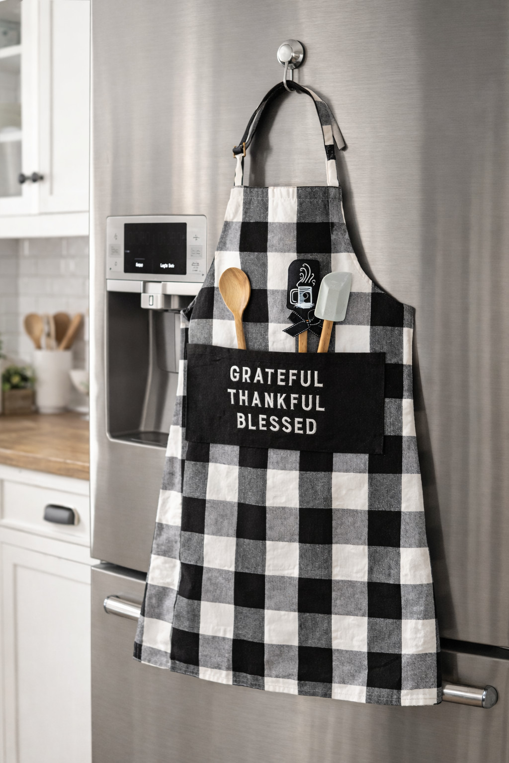 Primitives by Kathy Grateful Thankful Blessed Plaid Apron 28in