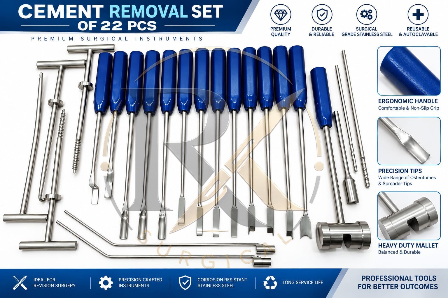 Mueller-Type Cement Removal Instruments Titanium Blue Set of 22 Pcs Orthopedic