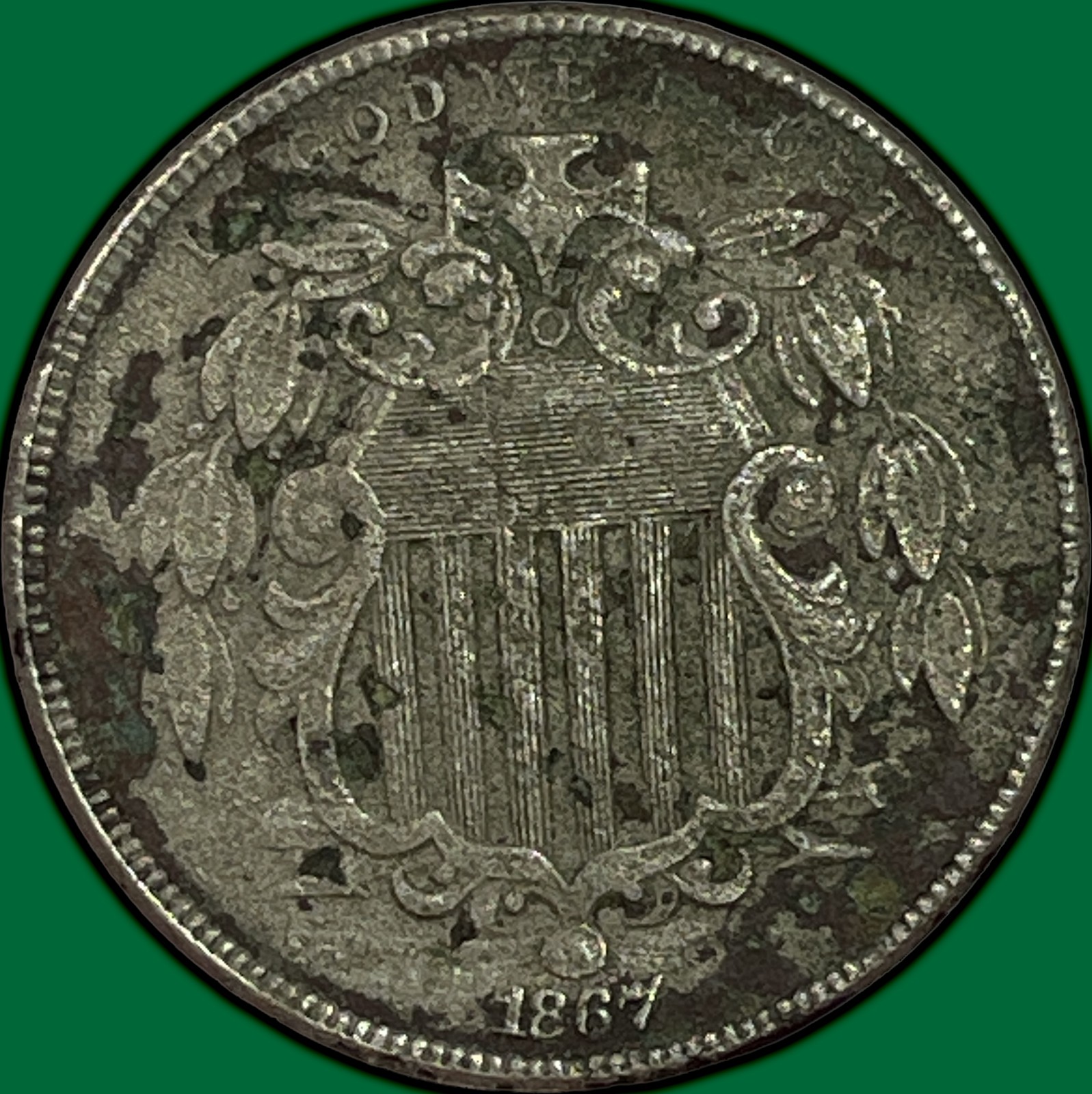 1867 No Rays Shield Nickel Almost Uncirculated AU Coin, Heavy Corrosion #49766