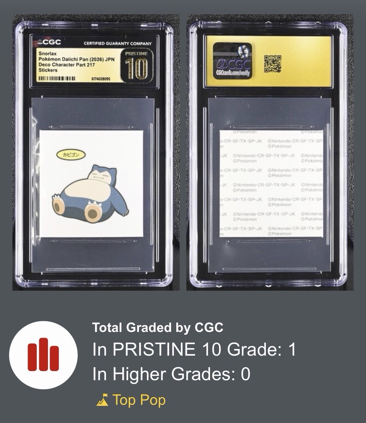 CGC Pristine 10 Snorlax Pokémon Daiichi Pan 2026 JPN Deco Character Part 217 CGC Pristine 10 Snorlax Pokémon Daiichi Pan 2026 JPN Deco Character Part 217