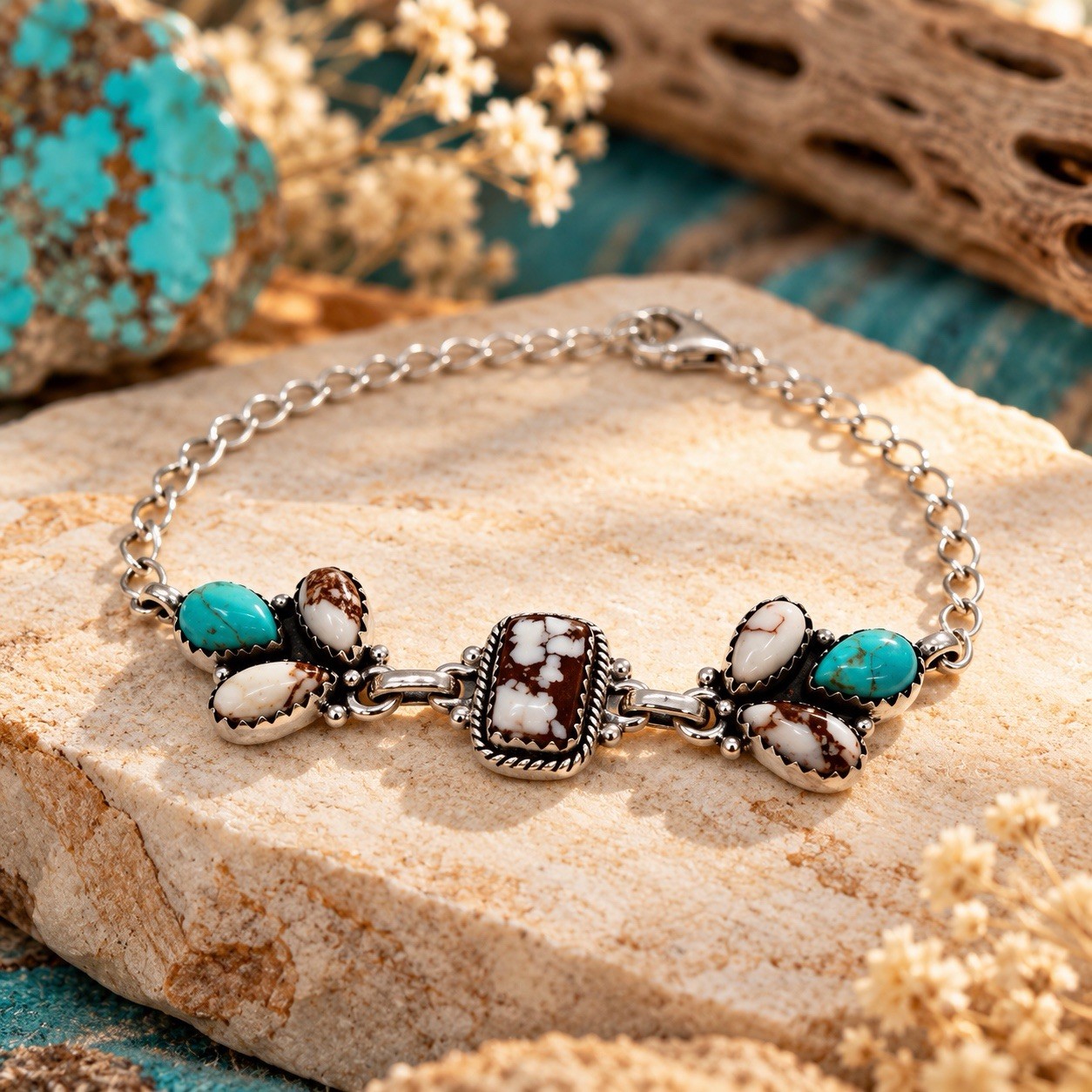 Kingman & Wild Horse Turquoise 925 Sterling Silver Bracelet Southwest Adjustable