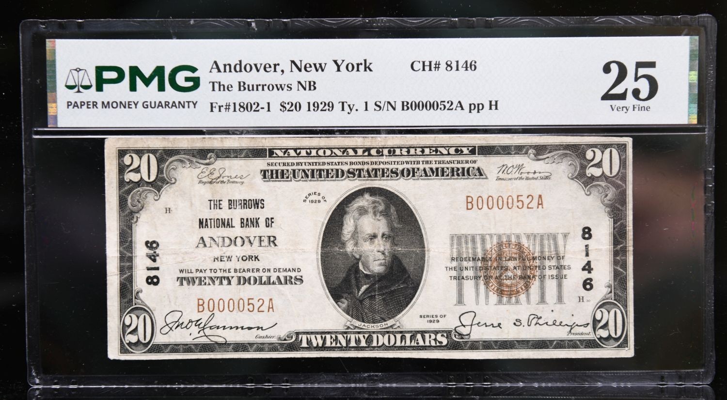 Andover, NY - $20 1929 Ty 1 The Burrows National Bank # 8146 PMG VF 25 Very Rare
