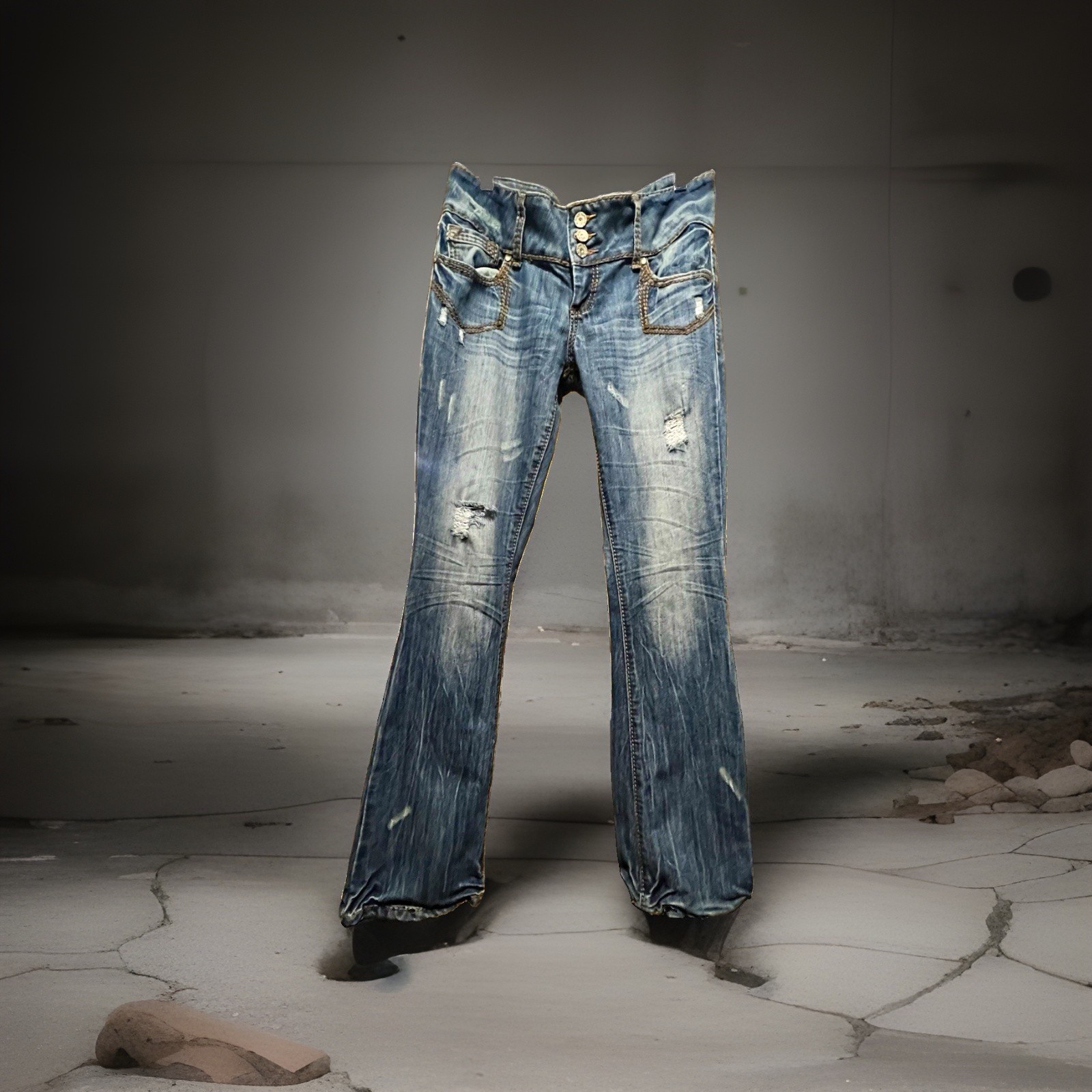 Almost Famous Low Rise Blue Bootcut Jeans Size 11 Distressed Stretch Rhinestone