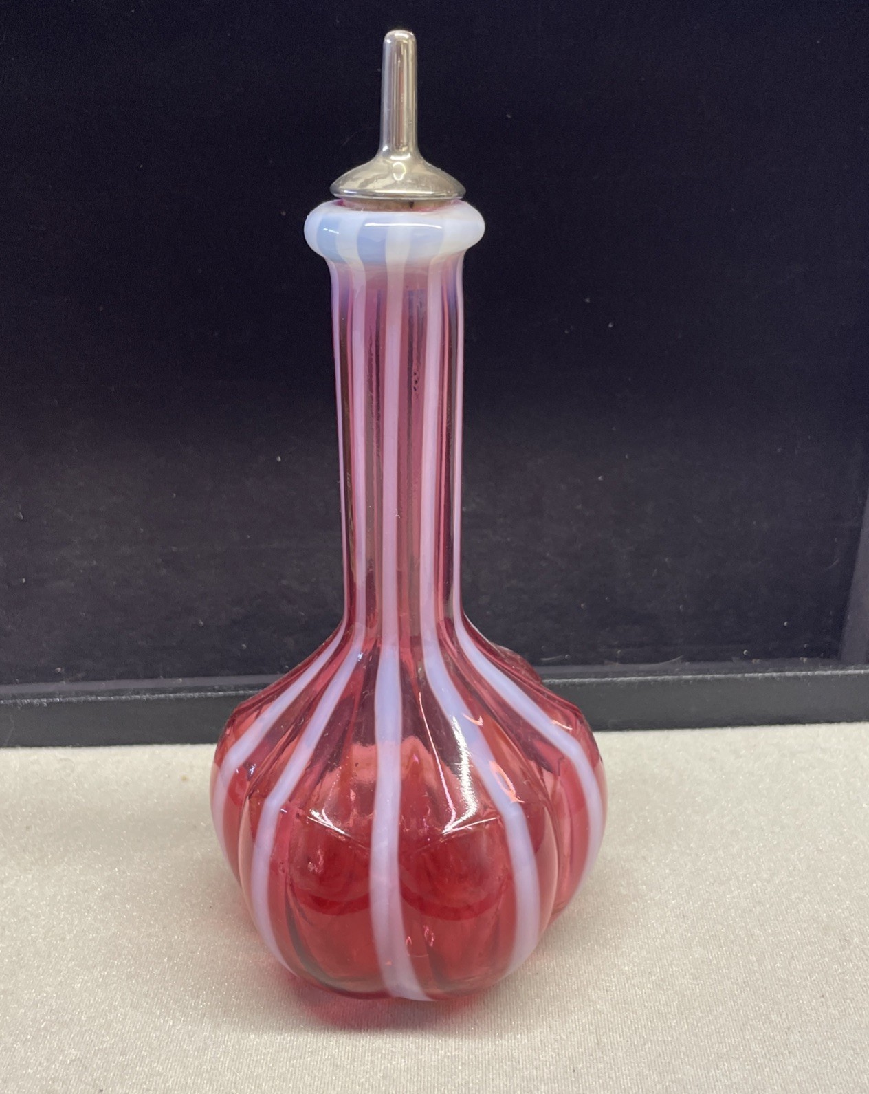 Fenton LG Wright Glass Barber Bottle Cranberry white thin strips unmarked. 