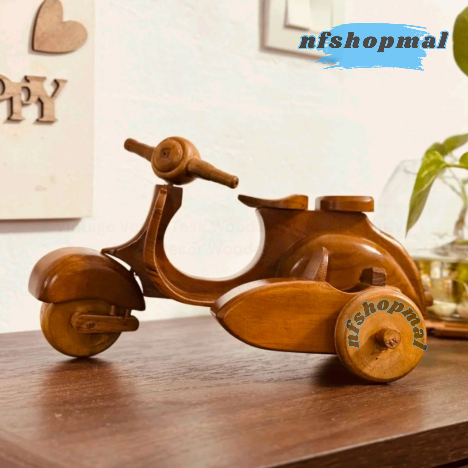 Teak Wood Vespa Scooter Model Vintage Style Home Decor Ornament