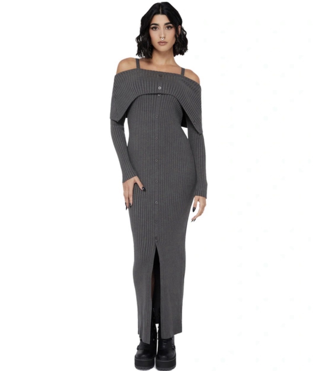 Killstar Dusk Empress Dress Grey Size XXL Ribbed Off Shoulder Gothic Maxi bnwt