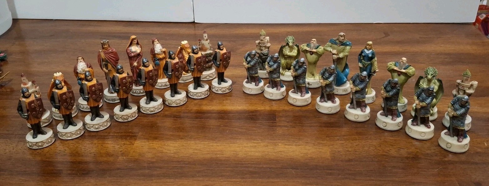 Vintage THE CHESSMEN King Arthur Fantasy Chess Set Camelot Handpainted by W.U.
