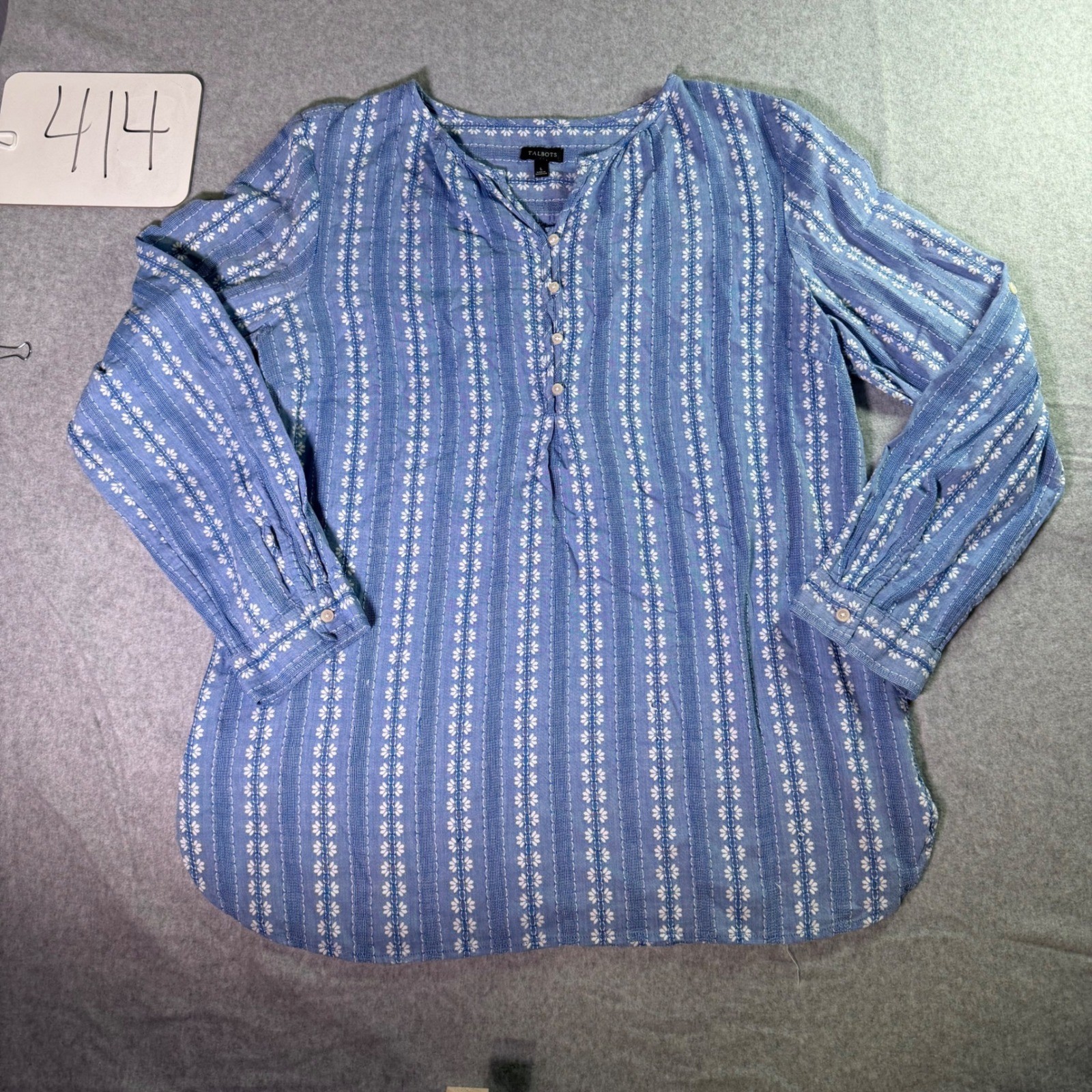 Talbots Womens Blue White Floral Striped Button Neck Tunic Top L Long Sleeve Talbots Womens Blue White Floral Striped Button Neck Tunic Top L Long Sleeve