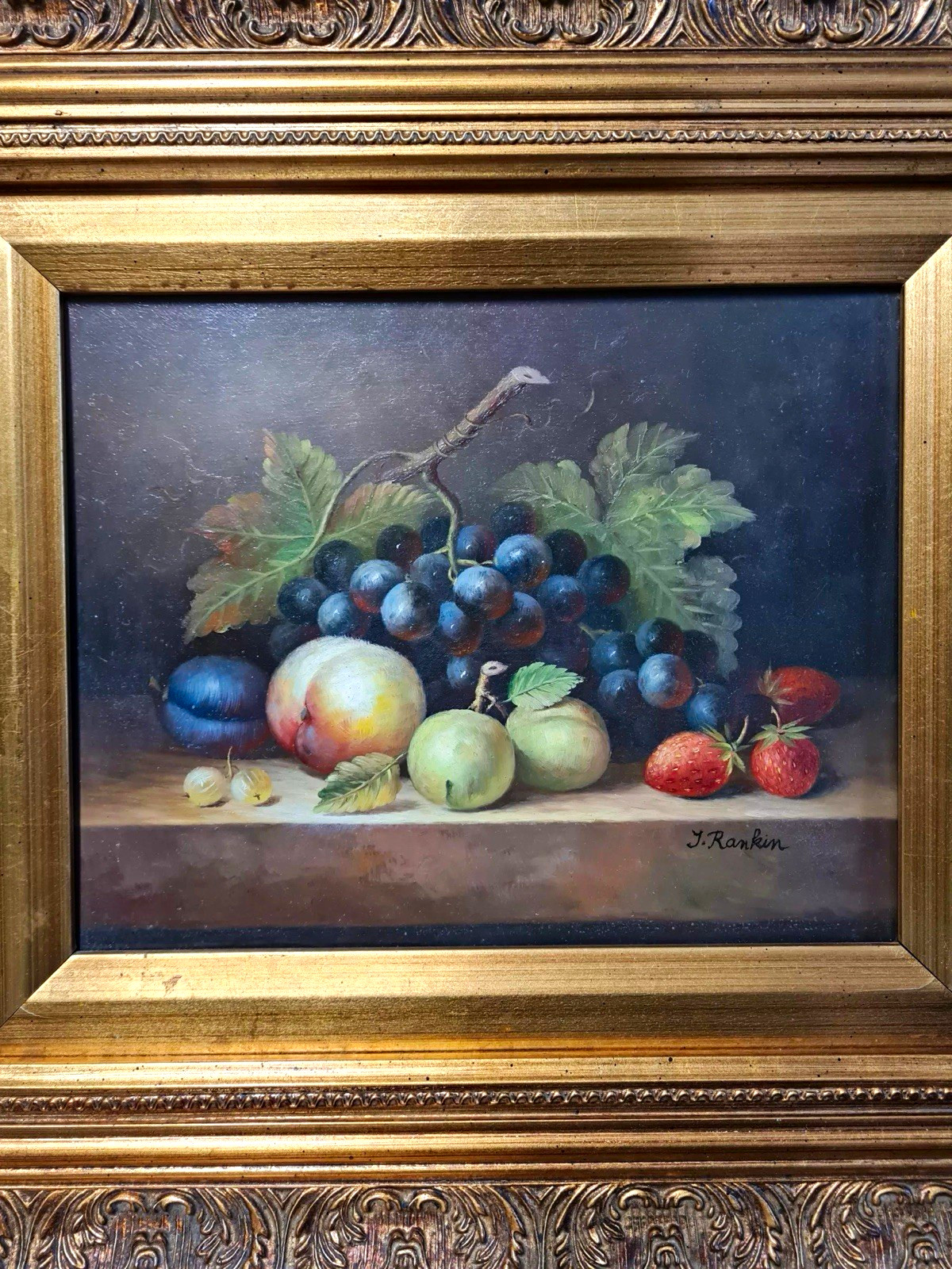 J. Rankin Signed Original Fruit Painting — Ornate Gold Frame