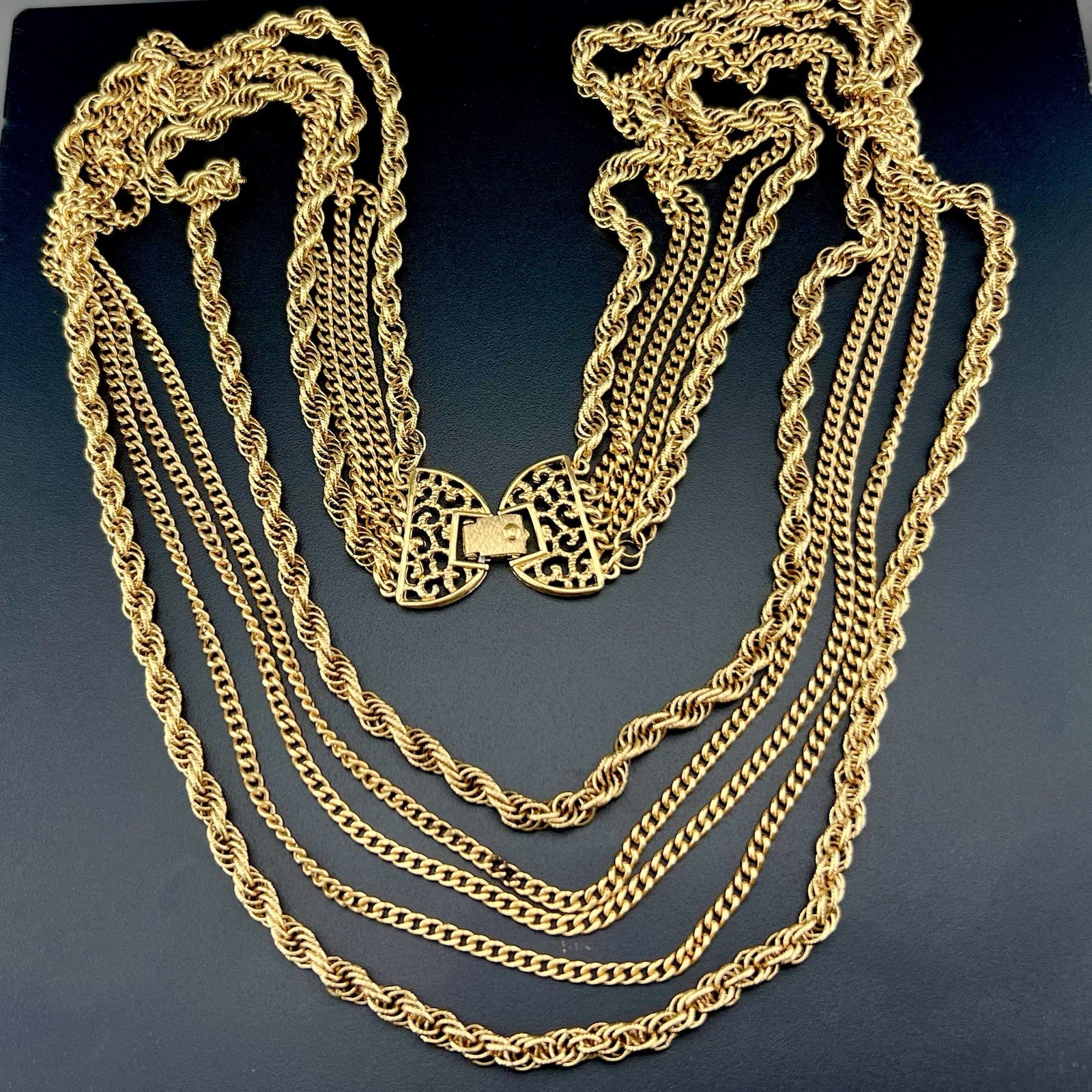 Vintage Monet Layered Necklace Multi Chain Bib Runway Gold Tone 60s Signed 27”