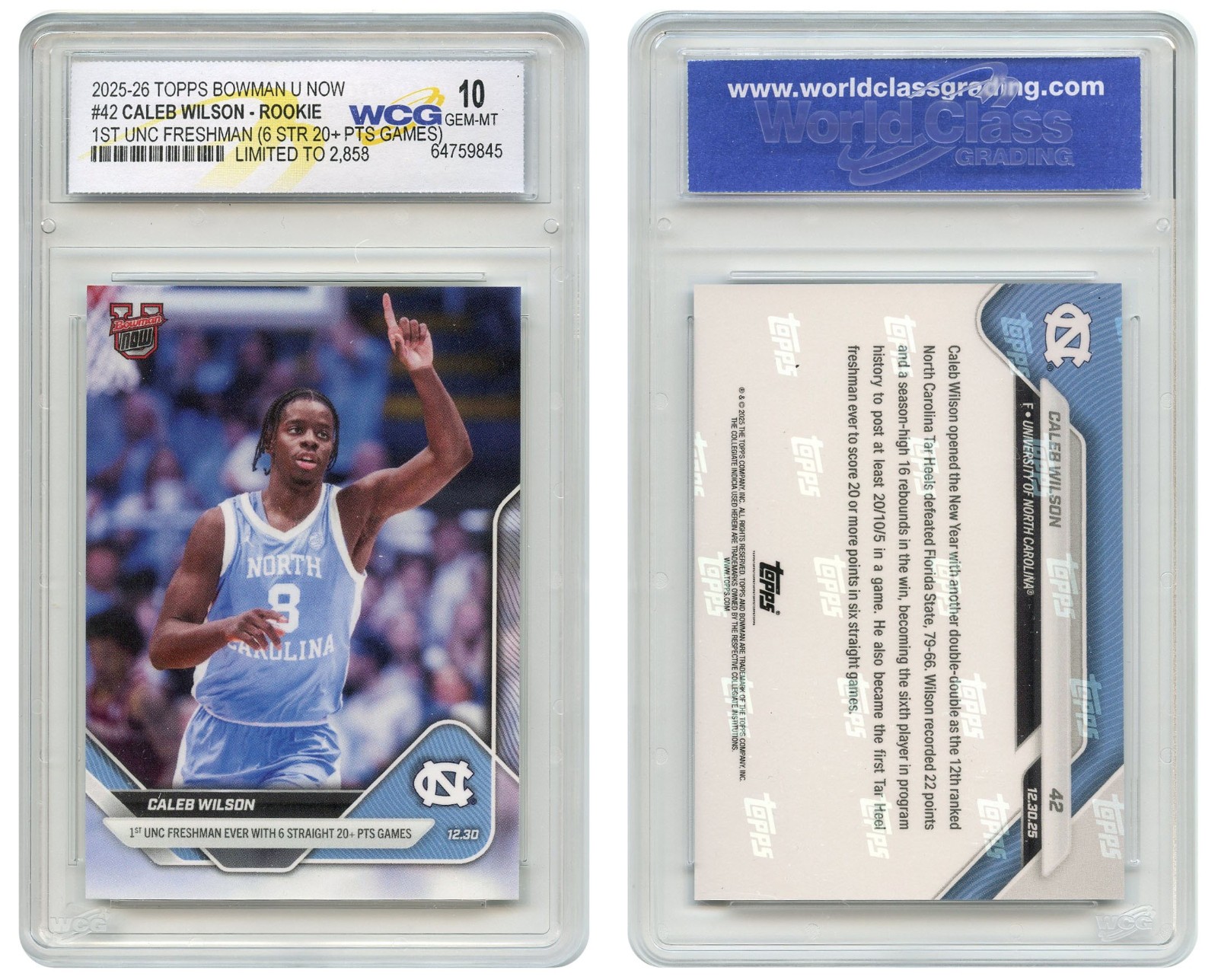 2025-26 Topps Bowman CALEB WILSON 1st UNC Freshman ROOKIE Card #42- GEM MINT 10