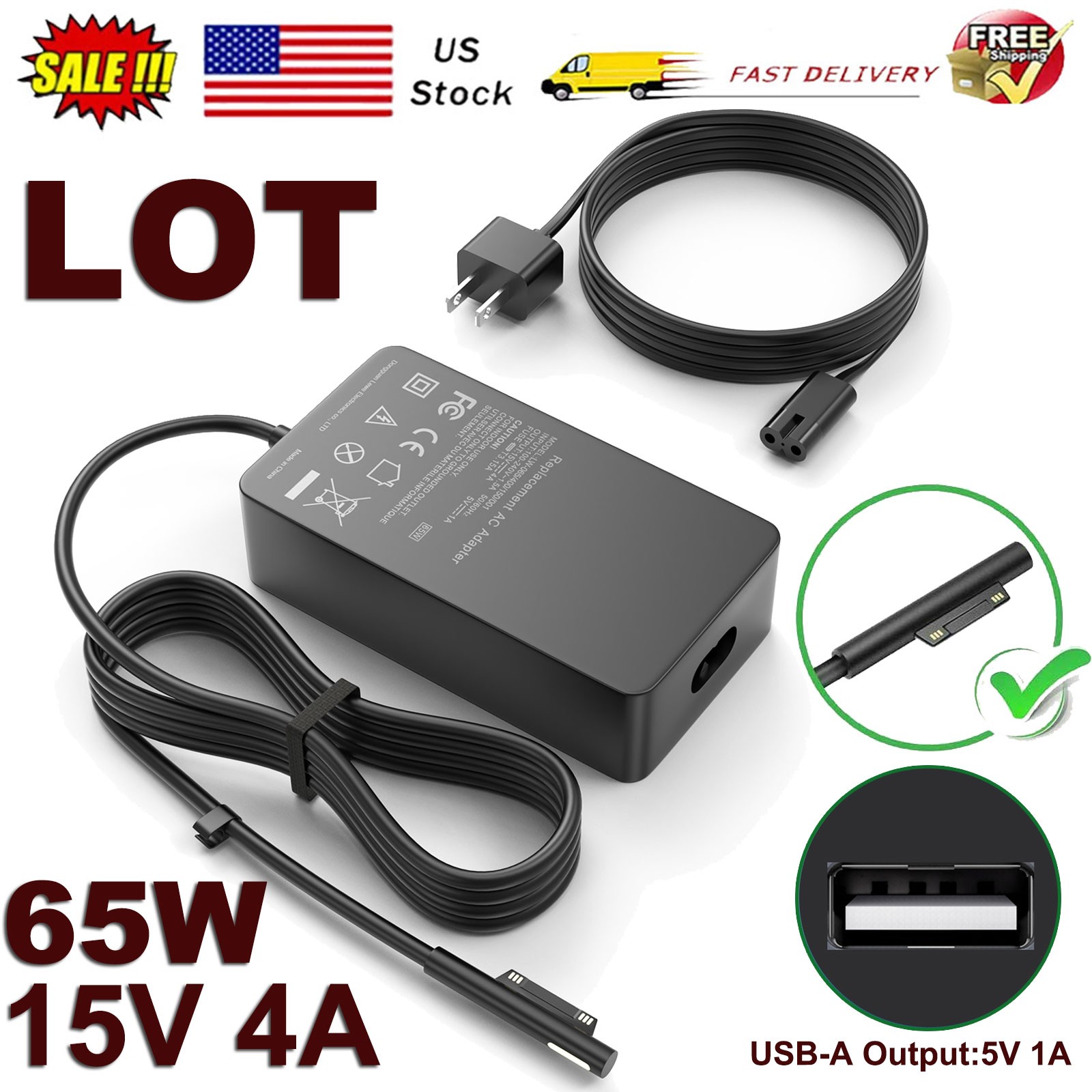 LOT 65W Charger Aadpter Model 1706 For Microsoft Surface Book Pro 3 4 5 6 7 Go