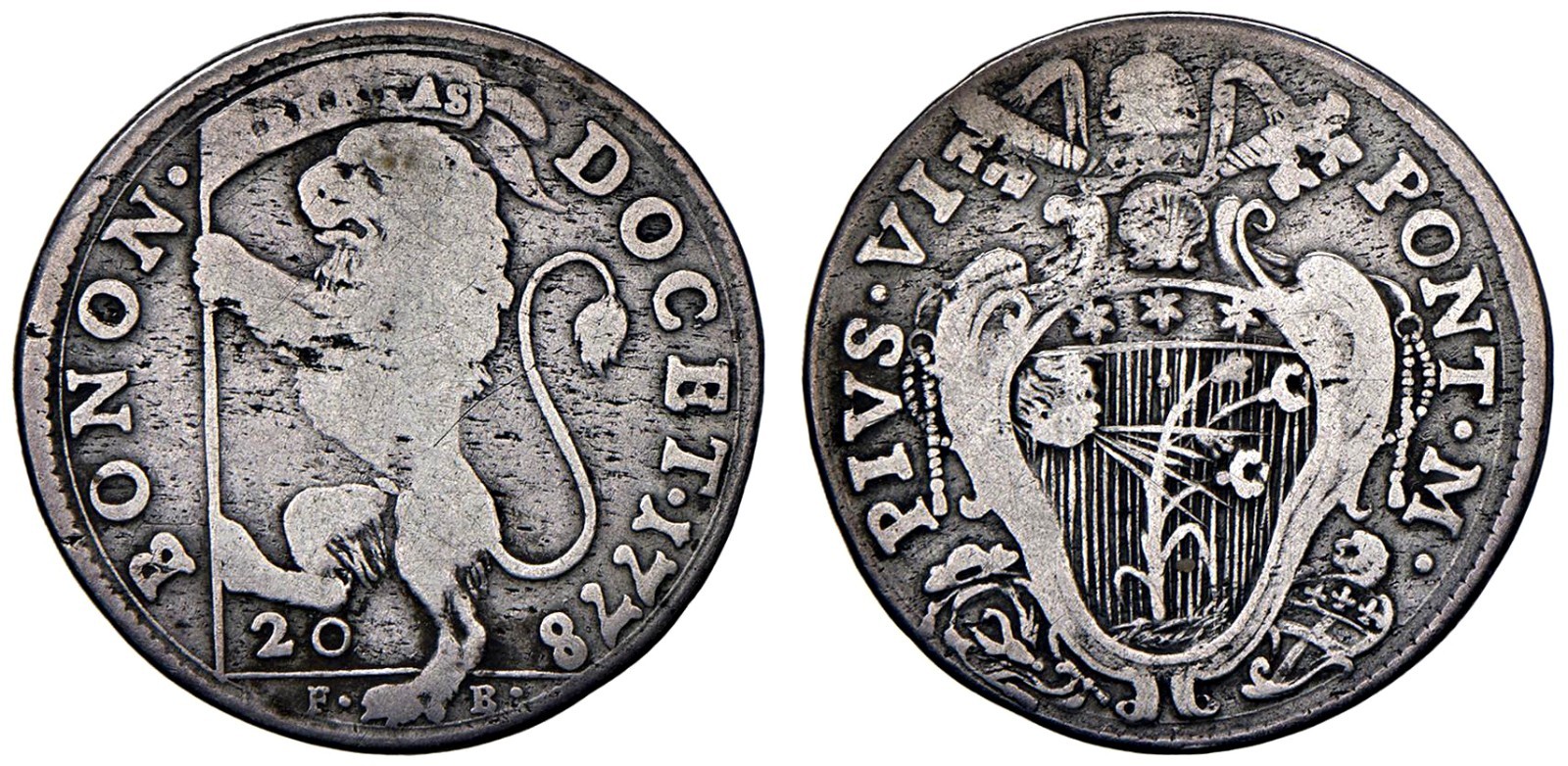 ITALY *** PAPAL - BOLOGNA *** SILVER *** 20 baiocci *** 1778 *** SCARCE *** L6