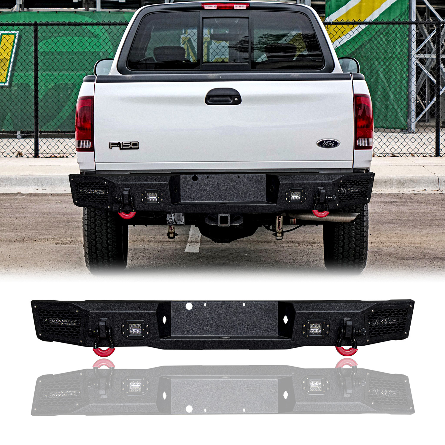Vijay Steel Black Texture Rear Bumper W/LED Light&D-Ring For 1997-2003 Ford F150