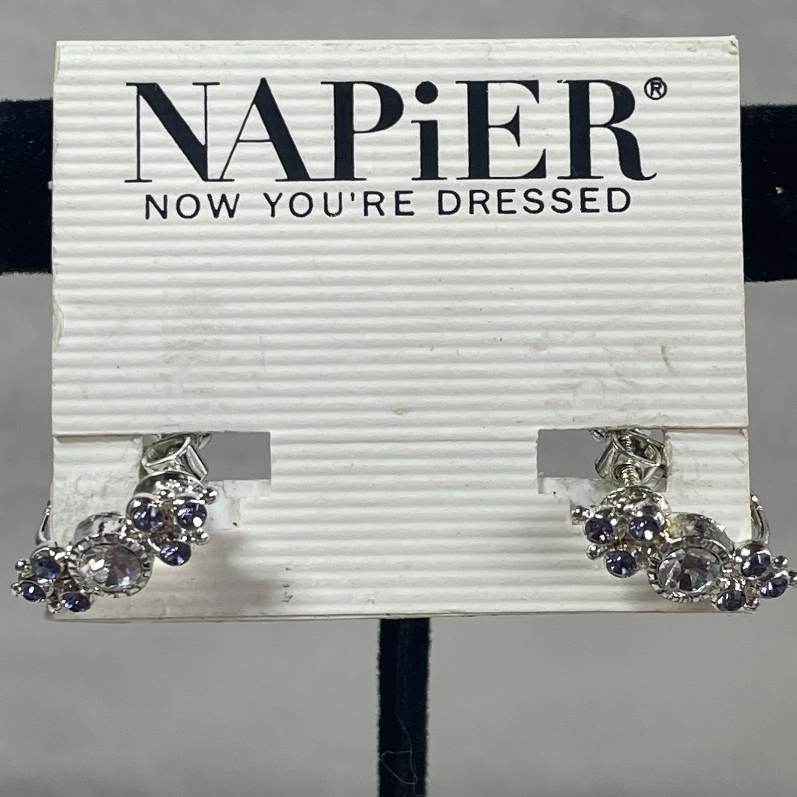 Vintage NAPIER Purple Clear Rhinestone Screw Back Clip On Earrings Signed Carded