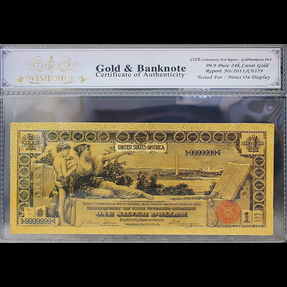 Gold 1896 $1 One Dollar Banknote Collectible with Bag & Certificate