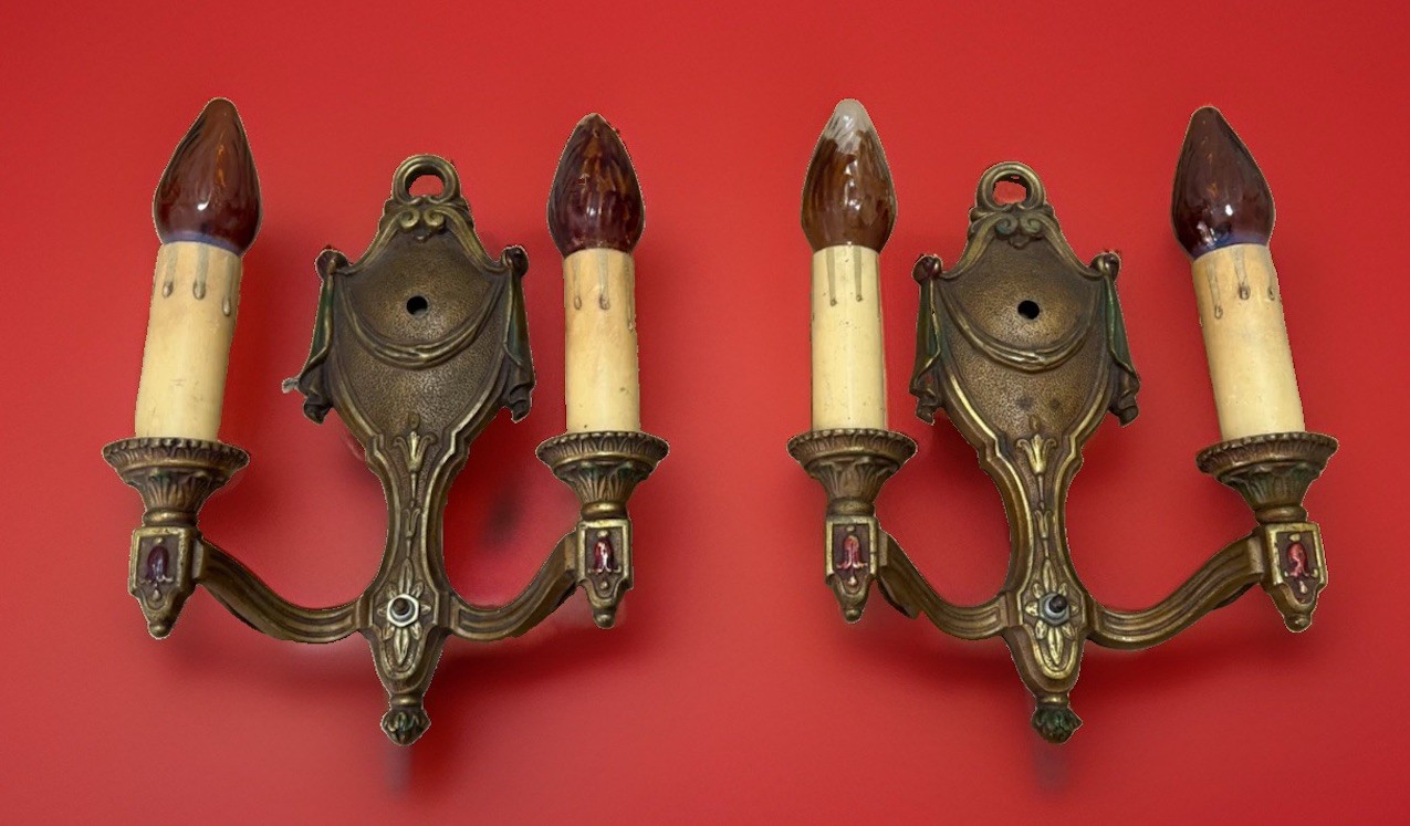 Antique Pair Wall Polychrome Wall Sconces / Art Deco Candle Light Fixtures Antique Pair Wall Polychrome Wall Sconces / Art Deco Candle Light Fixtures