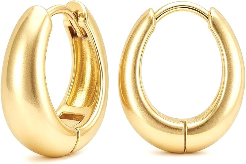 14K 13MM Gold Mini Chunky Huggie Hoop Earrings Secure Snap-On Oval Daily Jewelry