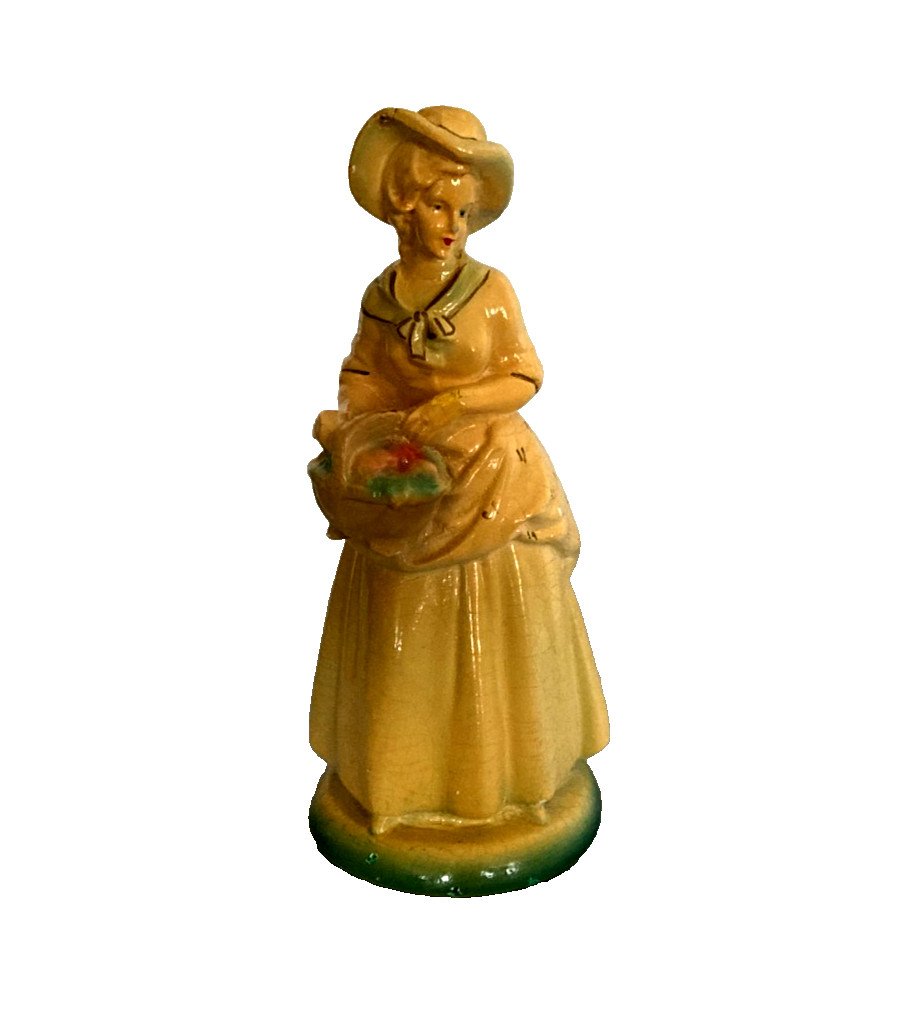 Roman Art Co Robia Ware Chalkware Lady with Basket of Fruits Figurine USA 1940s Roman Art Co Robia Ware Chalkware Lady with Basket of Fruits Figurine USA 1940s