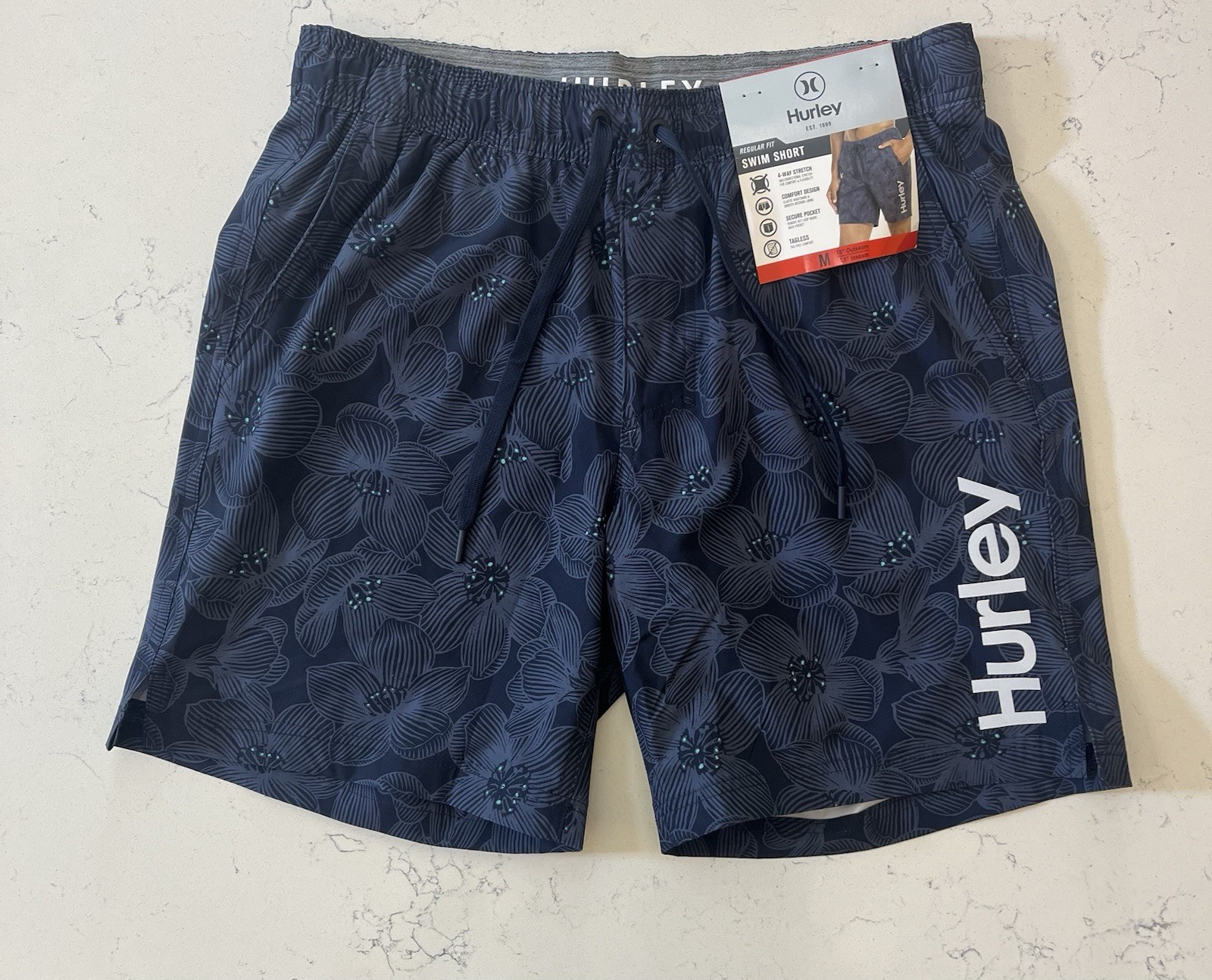 New Hurley Swim Shorts Mens Large Dark Blue Floral Hawaiian Lined Drawstring New Hurley Swim Shorts Mens Large Dark Blue Floral Hawaiian Lined Drawstring