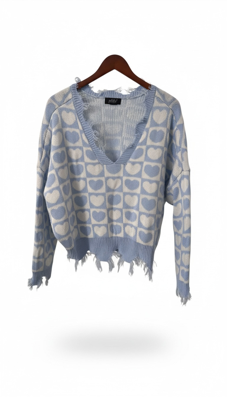 Motel Rocks / Just Polly Women’s Blue Heart Distressed Knit Sweater V‑Neck Motel Rocks / Just Polly Women’s Blue Heart Distressed Knit Sweater V‑Neck