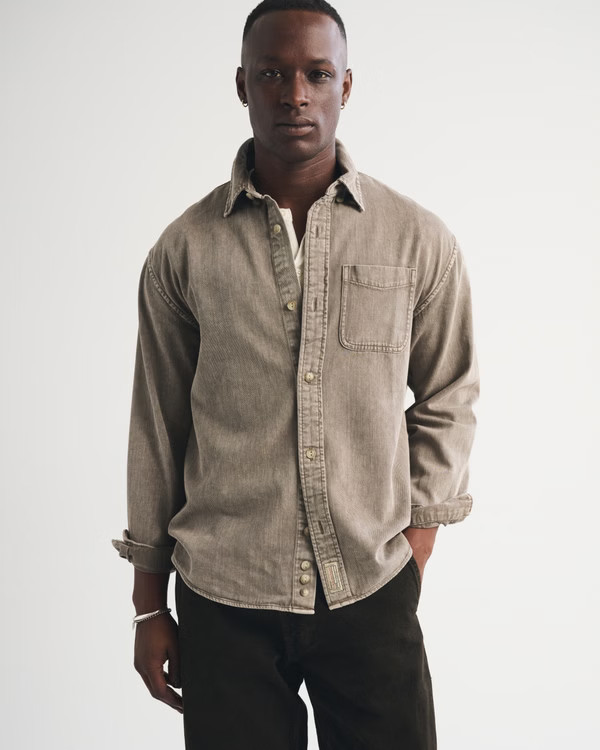 Sale Abercrombie & Fitch Men Denim Button-Up Shirt Light Brown Regular