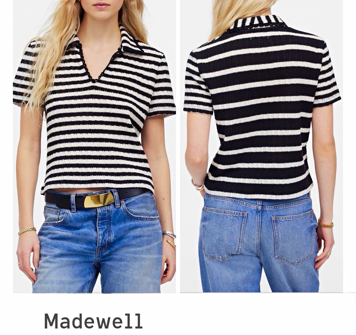 Madewell Women’s Striped Knit Polo Short Sleeve Collared Blk/Wht Size Medium
