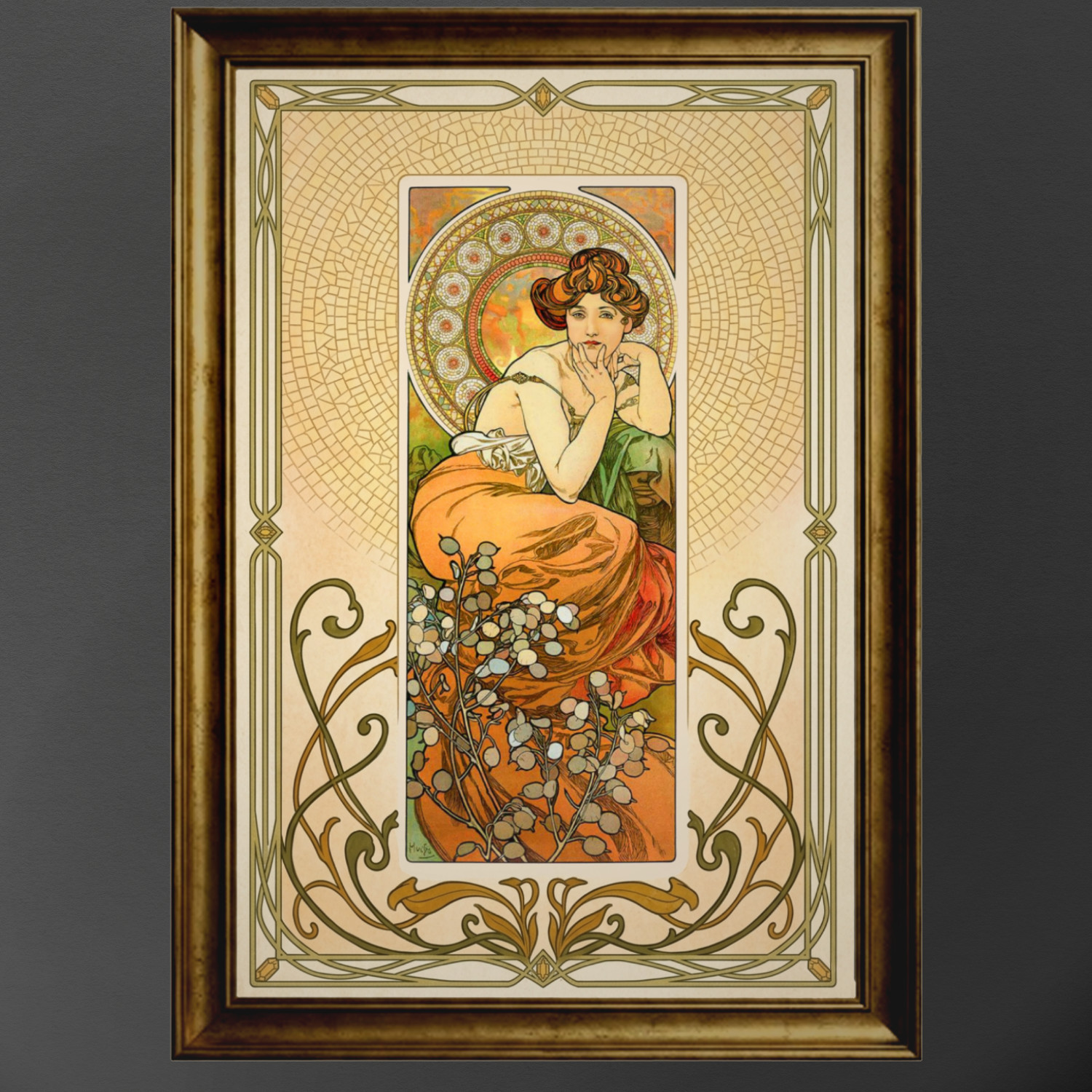 Mucha Precious Stones Series 18x12: Floral Topaz Goddess Maximalist Wall Art