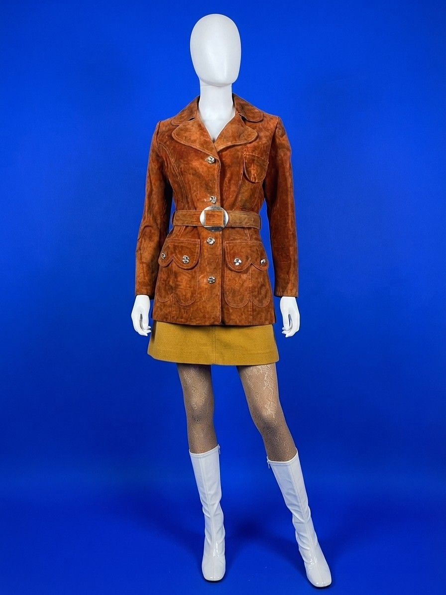 Vintage 1960s/70s Cognac Brown Suede Jacket With Belt Size XS