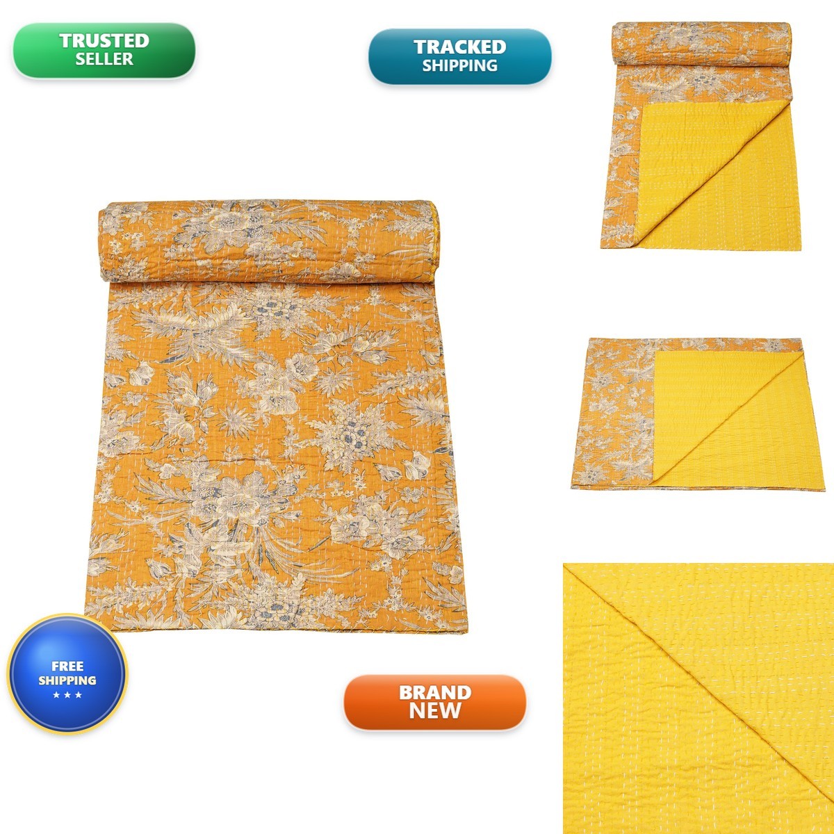 Marubhumi Indian Traditional Pure Cotton Floral Print Kantha Quilt, Bed Cover Marubhumi Indian Traditional Pure Cotton Floral Print Kantha Quilt, Bed Cover