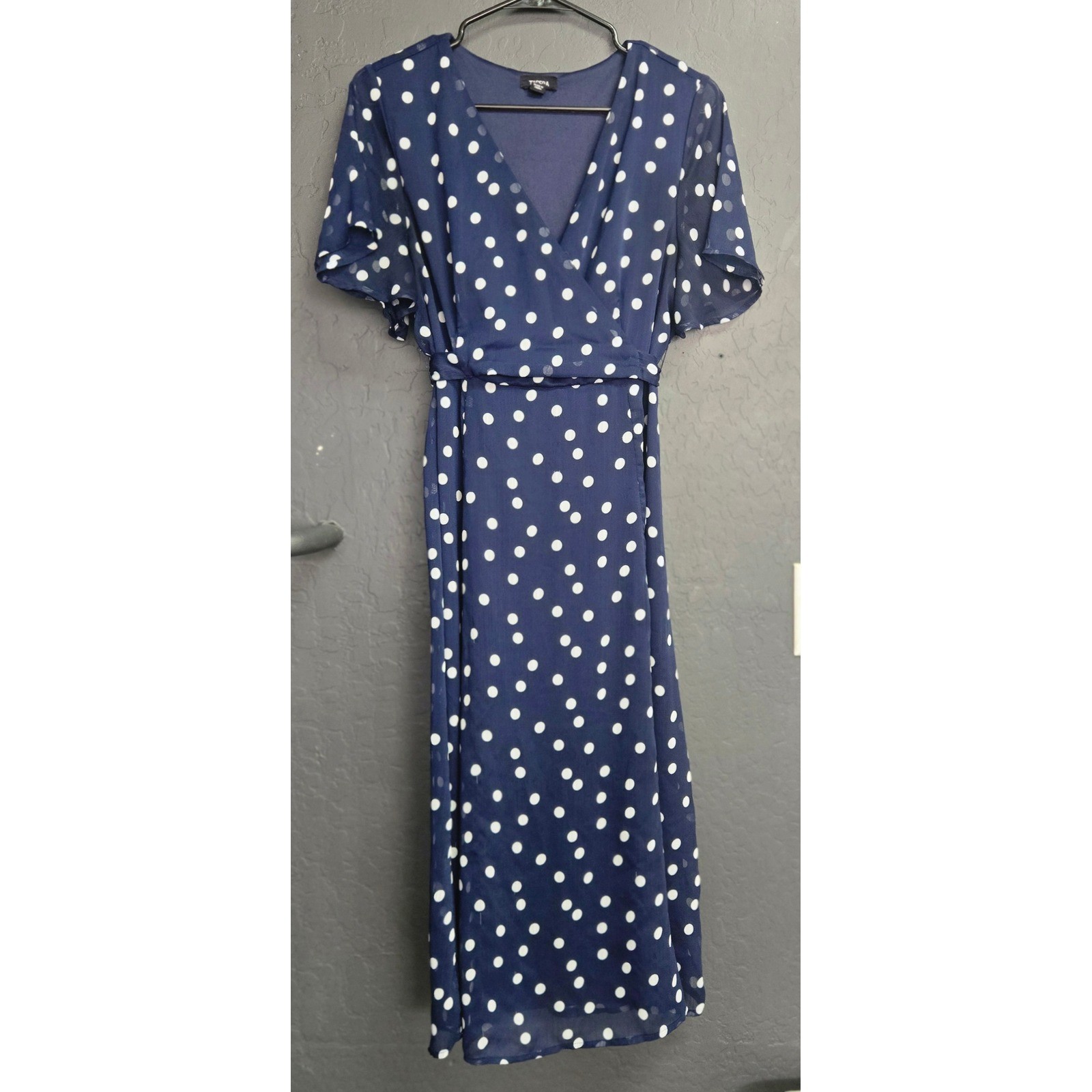 Tacera Navy Blue Polka Dot Faux Wrap Midi Dress Short Flutter Sleeve Petite L. Tacera Navy Blue Polka Dot Faux Wrap Midi Dress Short Flutter Sleeve Petite L.