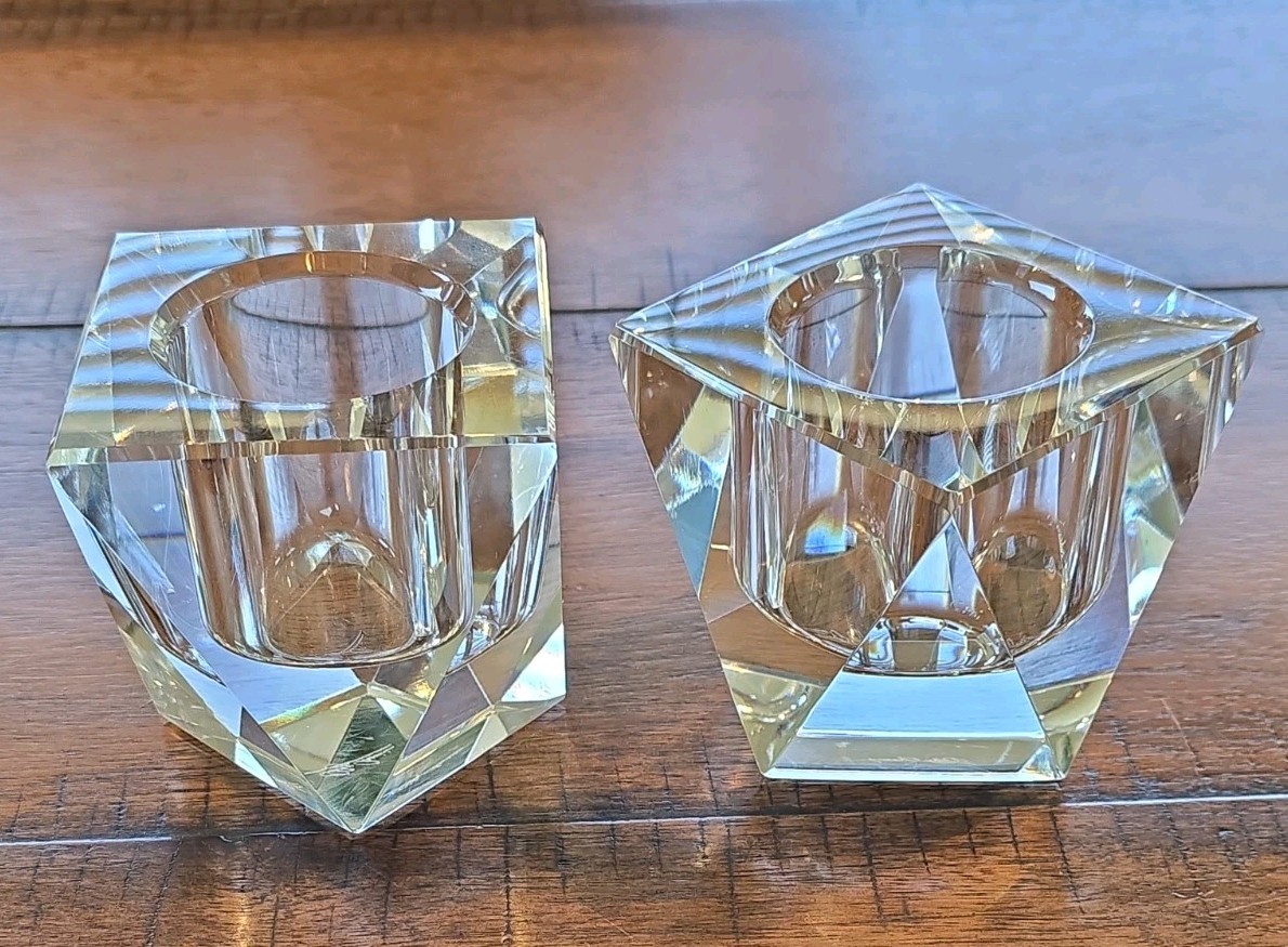 Vintage Pair of Oleg Cassini Brigitte Prism Crystal Candle Holders 2.75\