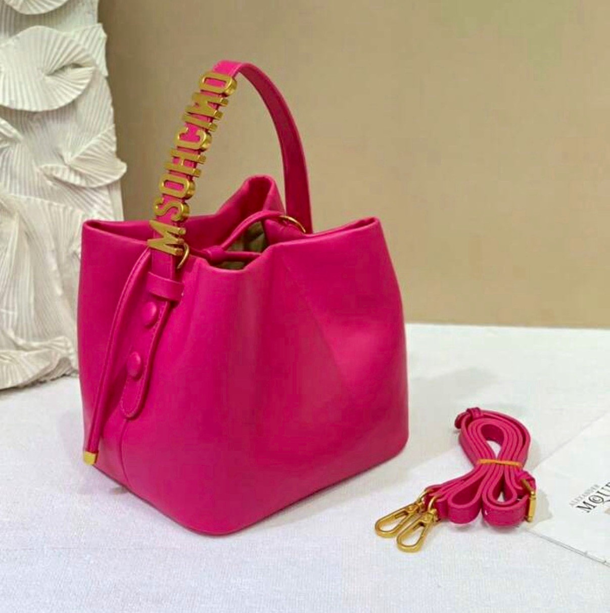 Moschino Pink Small Bucket Drawstring Bag Top Handle Detachable Strap Logo Moschino Pink Small Bucket Drawstring Bag Top Handle Detachable Strap Logo