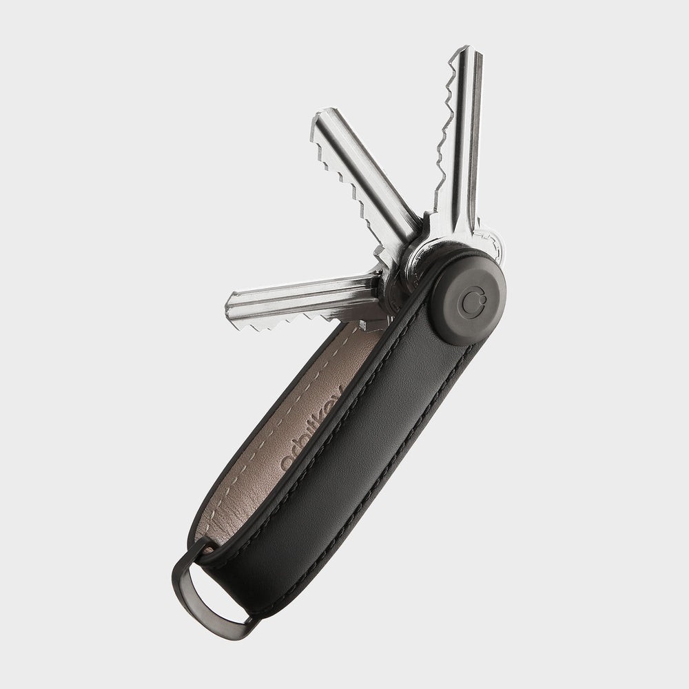 Orbitkey Premium Leather Slim Key Organizer, Carry 2-7 Keys, Black/Black Stitch