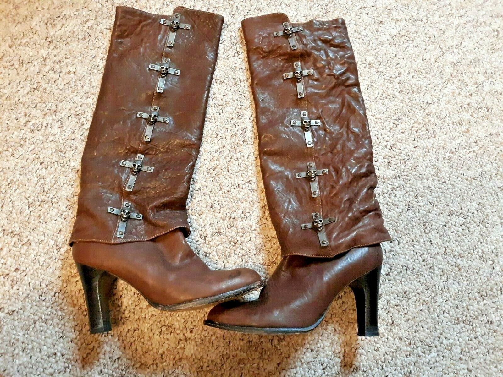 Paula Thomas For TW Women\'s Silver Skull Cross Brown Lamb Leather Boots Size 8 