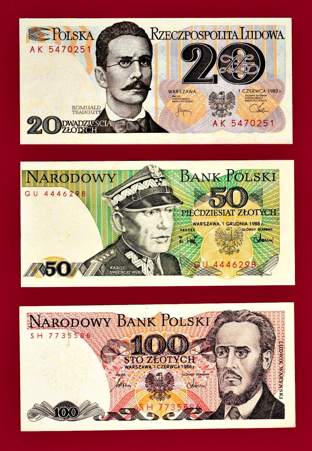 POLAND LOT 20, 50, & 100 ZLOTYCH 1982-1988 UNC BANKNOTES (Pick-142, 143, & 149)