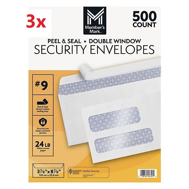 (3-Pack) Member\'s Mark Security Envelope #9, Peel & Seal Double Window (1500 ct) (3-Pack) Member\'s Mark Security Envelope #9, Peel & Seal Double Window (1500 ct)