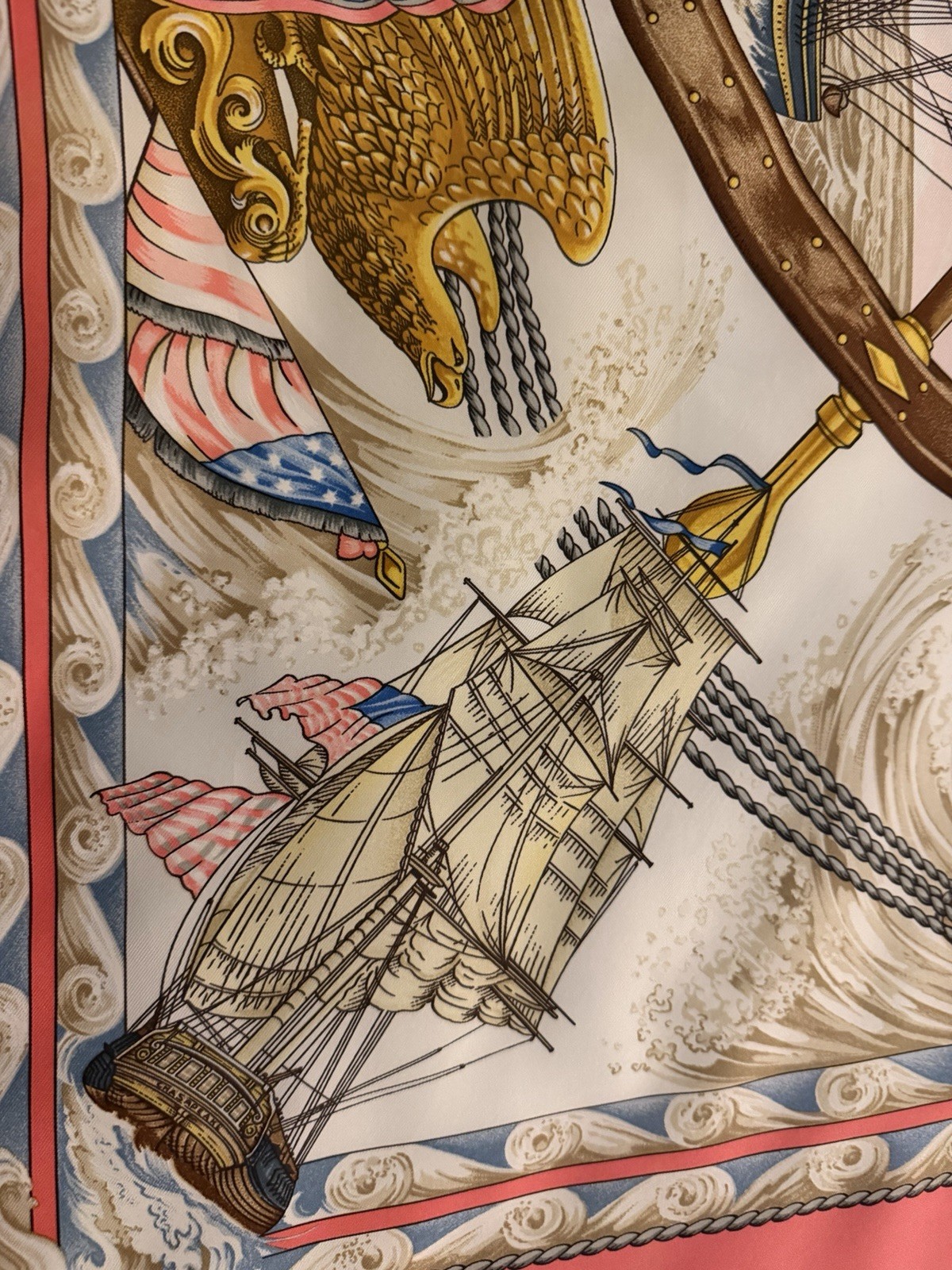HERMES NAUTICAL SILK SCARF DISPLAYING AMERICAN FLAGS AND GOLDEN EAGLES 35” SQ HERMES NAUTICAL SILK SCARF DISPLAYING AMERICAN FLAGS AND GOLDEN EAGLES 35” SQ