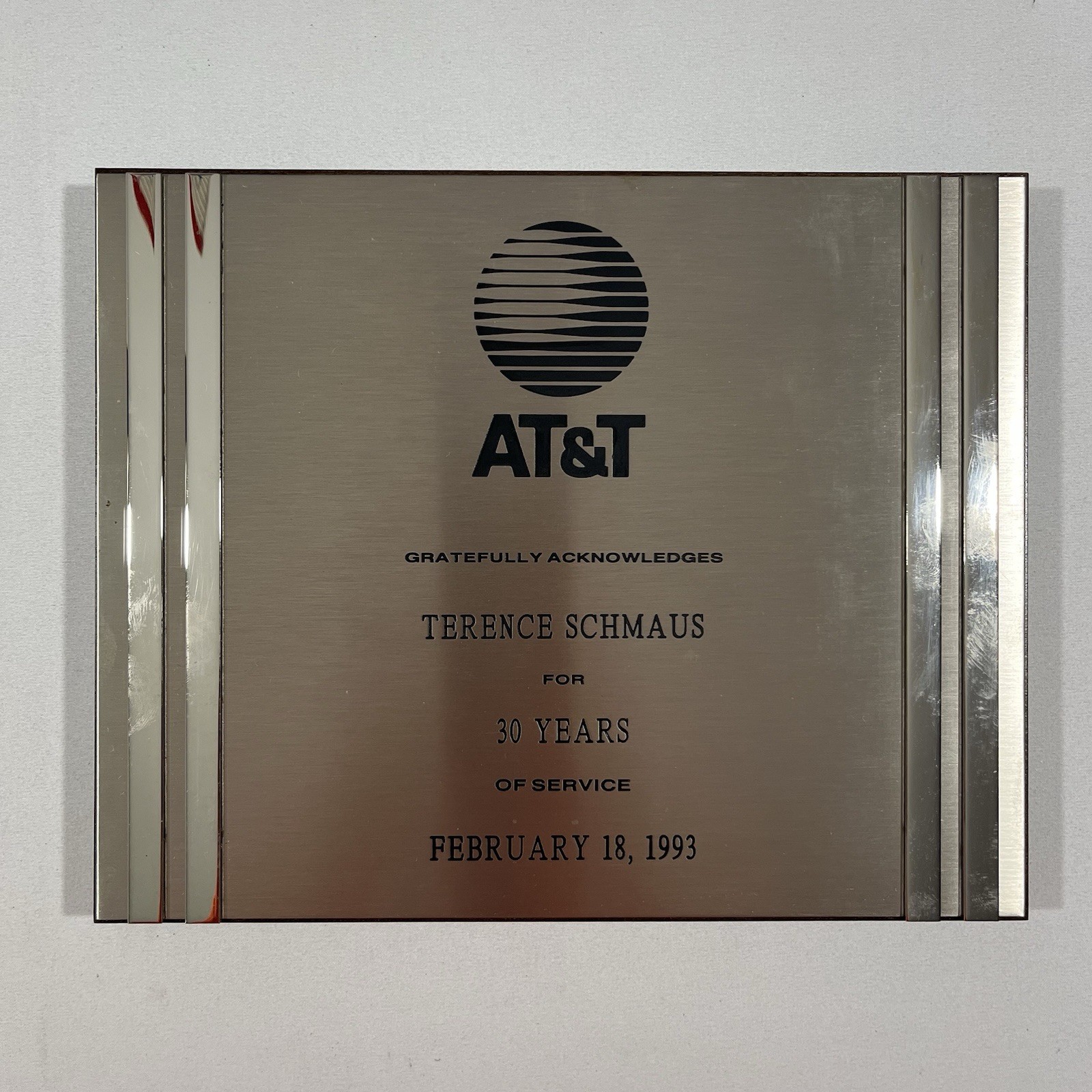 Vintage 1993 AT&T 30 Years Service Award Plaque Terence Schmaus Metal Telecom Vintage 1993 AT&T 30 Years Service Award Plaque Terence Schmaus Metal Telecom