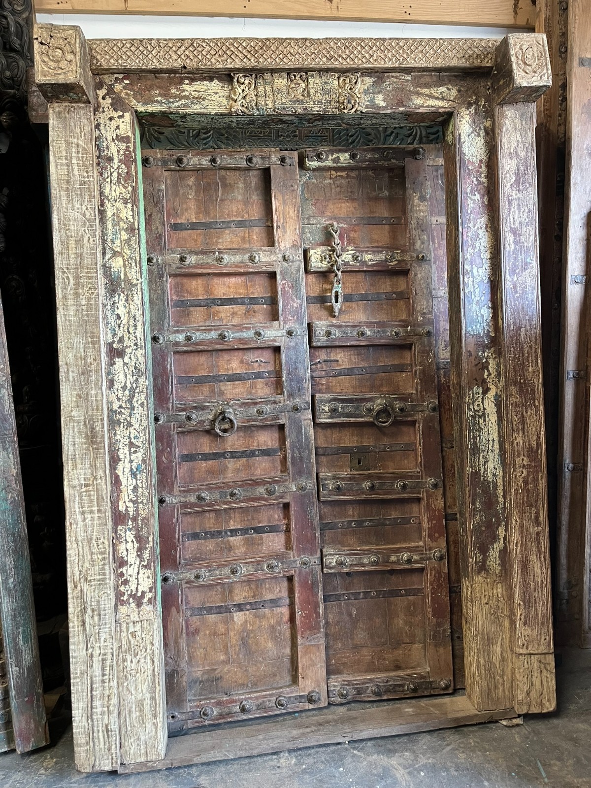 Antique Double Door Iron Studded Hand Carved Wood Frame Original Hardware 84