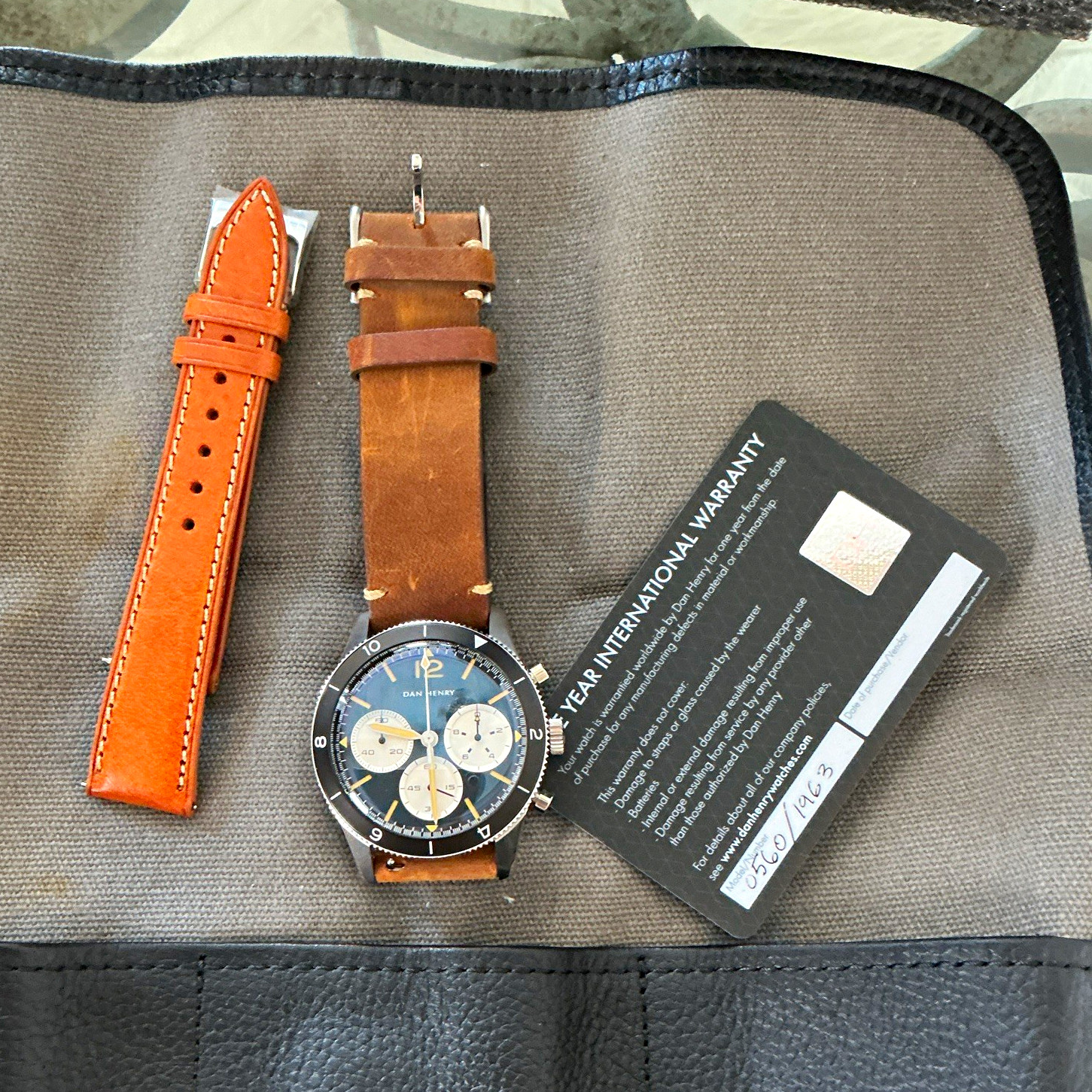 Dan Henry 1963 Manual Chronograph Blue Panda Dial 39mm Leather Strap w/ Papers Dan Henry 1963 Manual Chronograph Blue Panda Dial 39mm Leather Strap w/ Papers