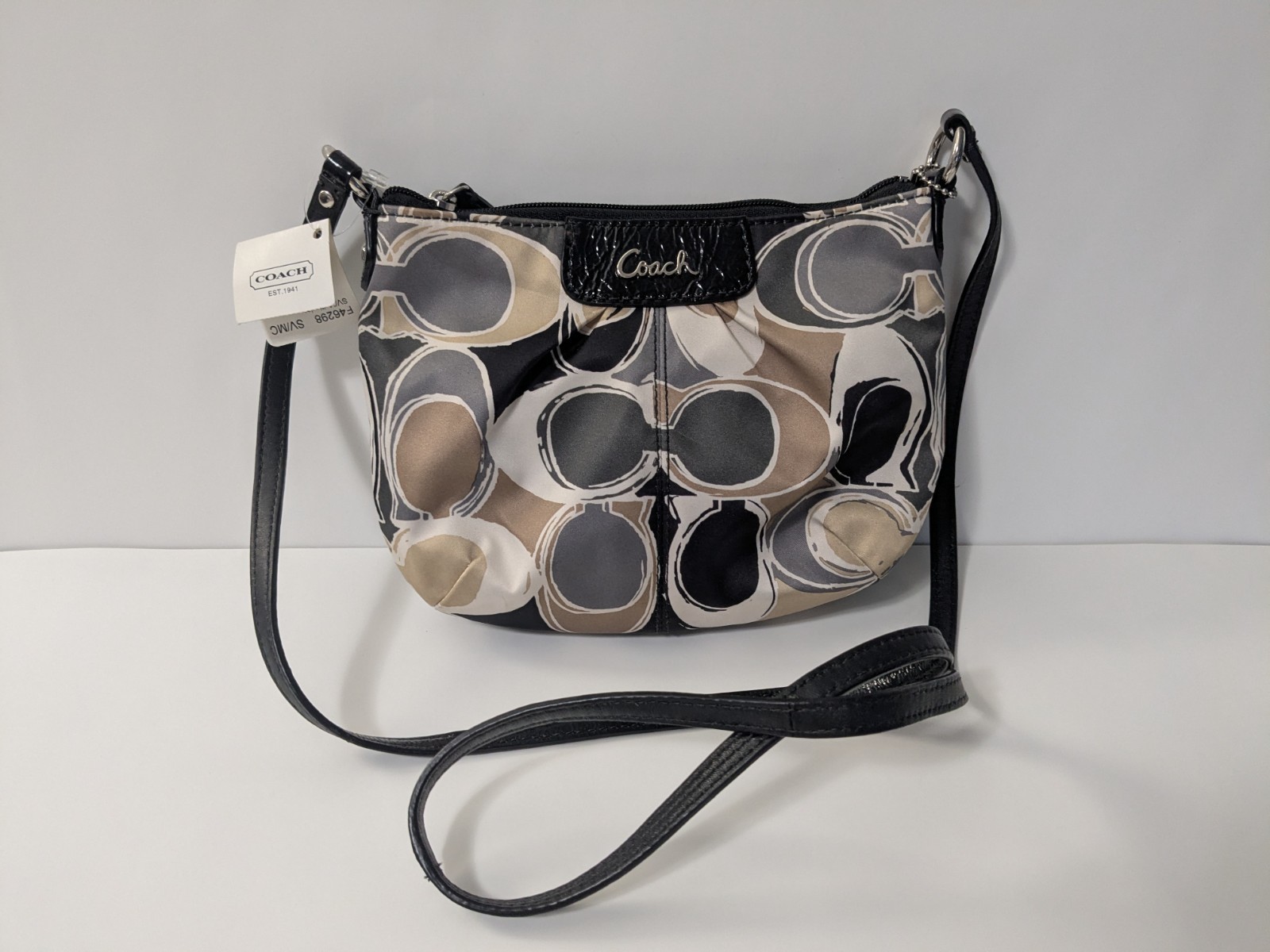 Coach Ashley Scarf Print Satin Shoulder Bag Black/Brown/Grey Satin NWT 
