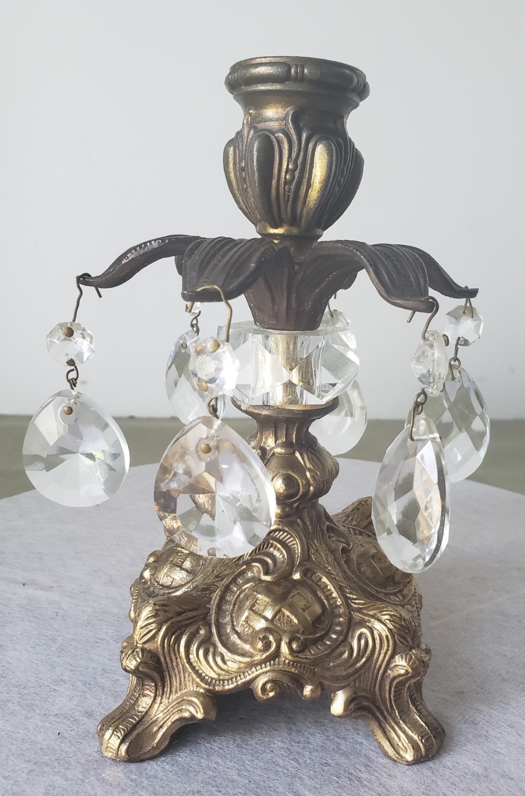 Vintage Brass Gold Ornate Candle Holder MCM Glass Prisms Hollywood Regency Vintage Brass Gold Ornate Candle Holder MCM Glass Prisms Hollywood Regency