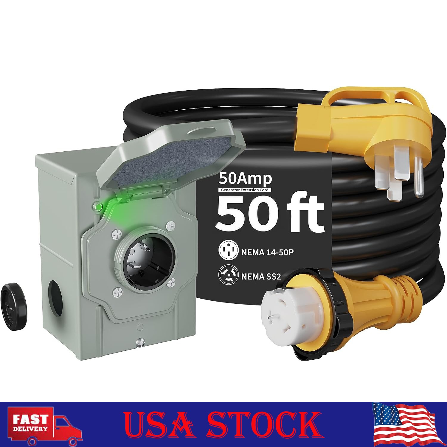 50 Amp 50FT Generator Cord and Power Inlet Box Kit