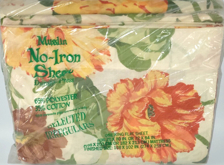 Vintage West Point Pepperell Flat King Sheet Muslin No Iron Floral  108x102