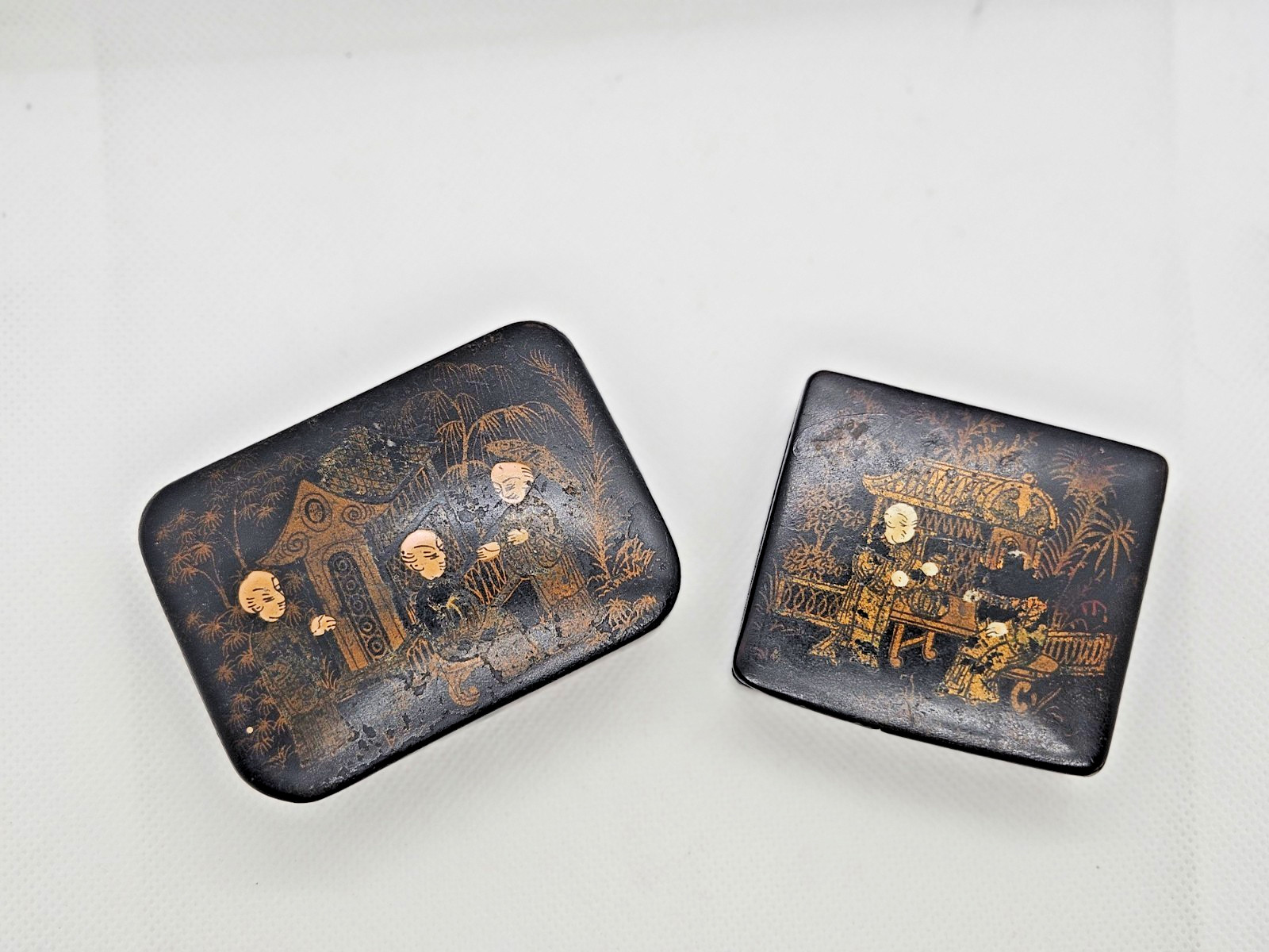 Antique Pair of Chinese Black Lacquer Miniature Boxes with Gilt Decoration & Inl