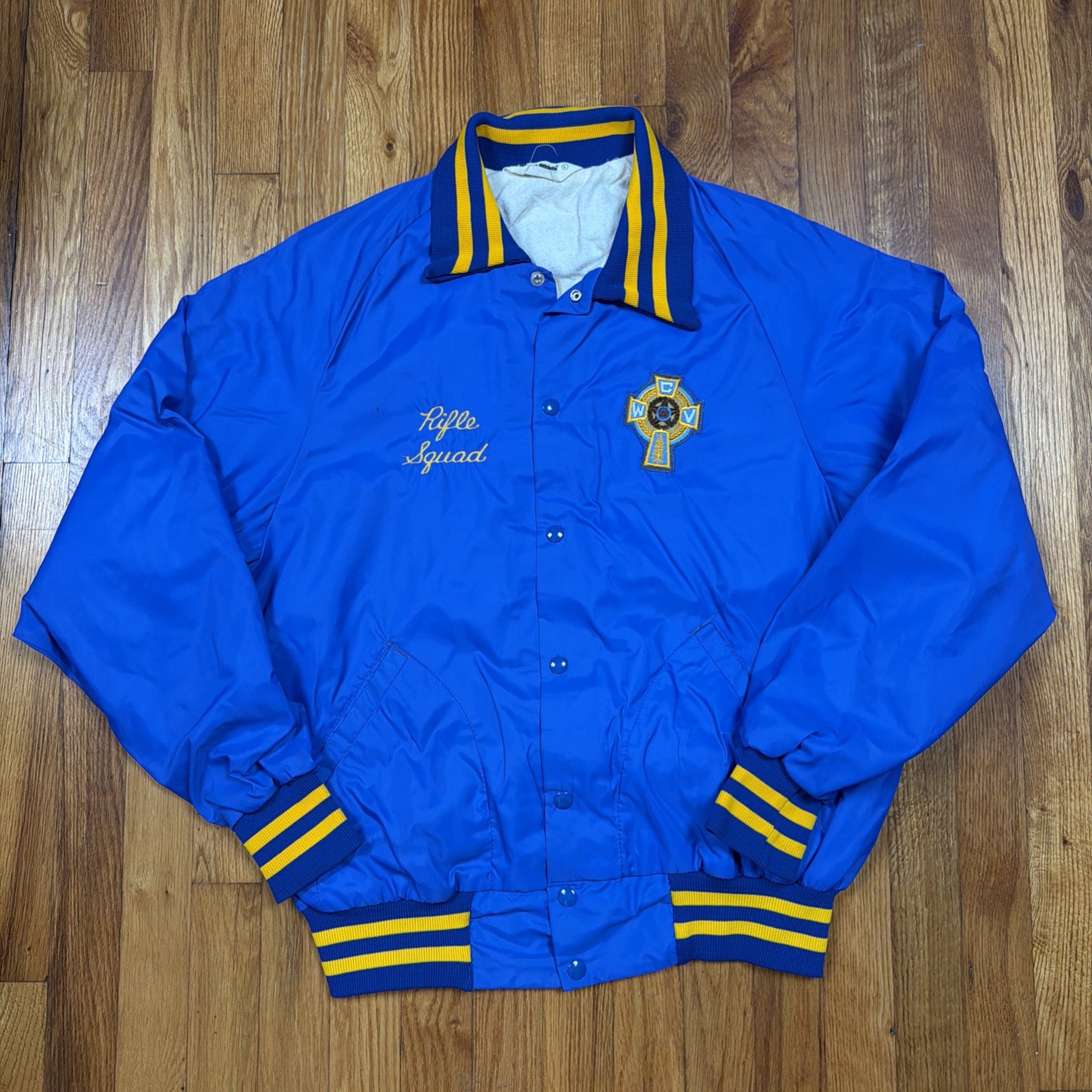 VTG 80s Don Alleson Satin Jacket Mens L Blue Catholic War Veterans Rifle Squad