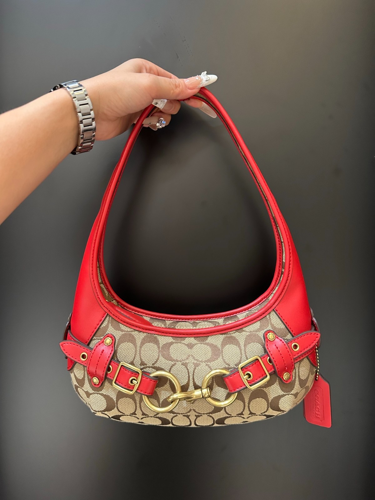 Coach Belted Ergo 26 Shoulder Bag Signature Jacquard Khaki Red Leather Hobo Coach Belted Ergo 26 Shoulder Bag Signature Jacquard Khaki Red Leather Hobo